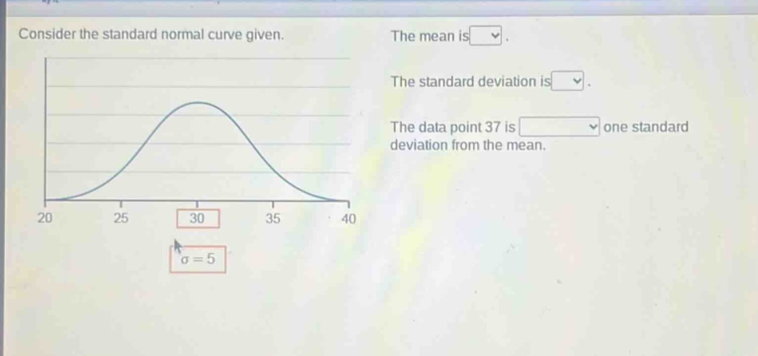 consider the standard normal curve given. the mean is. the standard deviation is. the data point 37 is one standard deviation from the mean.