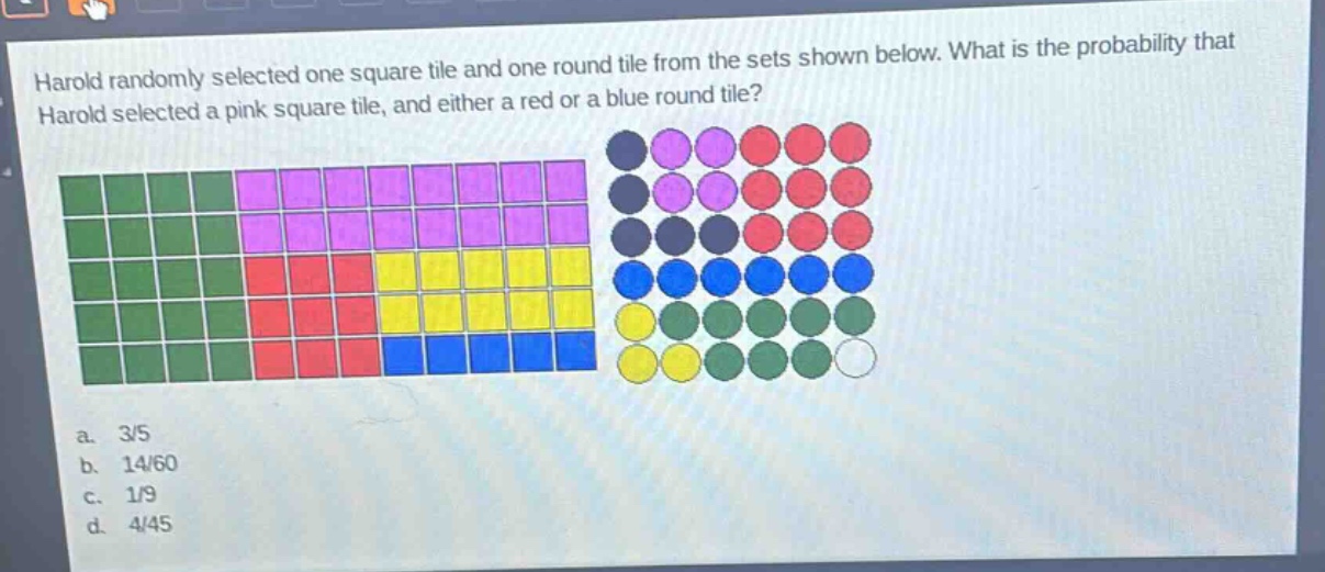 harold randomly selected one square tile and one round tile from the sets shown below. what is the probability that harold selected a pink square tile, and either a red or a blue round tile?\na. 3/5\nb. 14/60\nc. 1/9\nd. 4/45