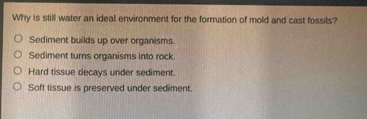 why is still water an ideal environment for the formation of mold and cast fossils?\no sediment builds up over organisms.\no sediment turns organisms into rock.\no hard tissue decays under sediment.\no soft tissue is preserved under sediment.