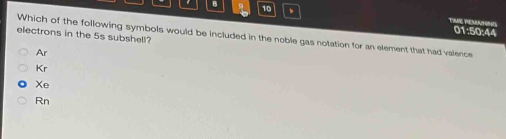which of the following symbols would be included in the noble gas notation for an element that had valence electrons in the 5s subshell?\nar\nkr\nxe\nrn