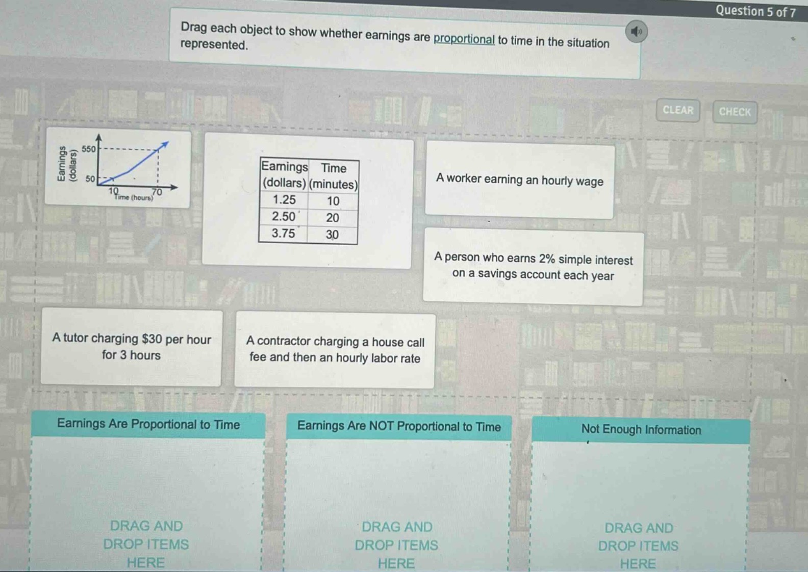 drag each object to show whether earnings are proportional to time in the situation represented.\nclear check\na worker earning an hourly wage\na person who earns 2% simple interest on a savings account each year\na tutor charging $30 per hour for 3 hours\na contractor charging a house call fee and then an hourly labor rate\nearnings are proportional to time\nearnings are not proportional to time\nnot enough information\ndrag and drop items here\ndrag and drop items here\ndrag and drop items here
