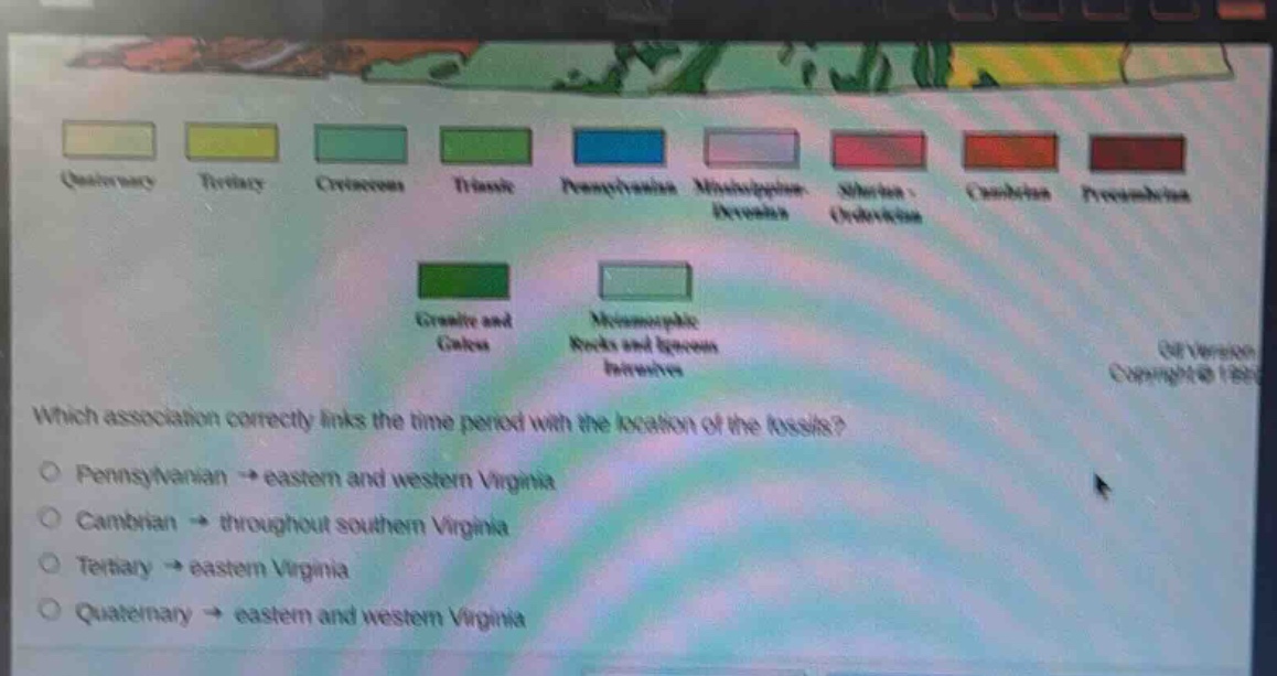 which association correctly links the time period with the location of the fossils?\no pennsylvanian → eastern and western virginia\no cambrian → throughout southern virginia\no tertiary → eastern virginia\no quaternary → eastern and western virginia
