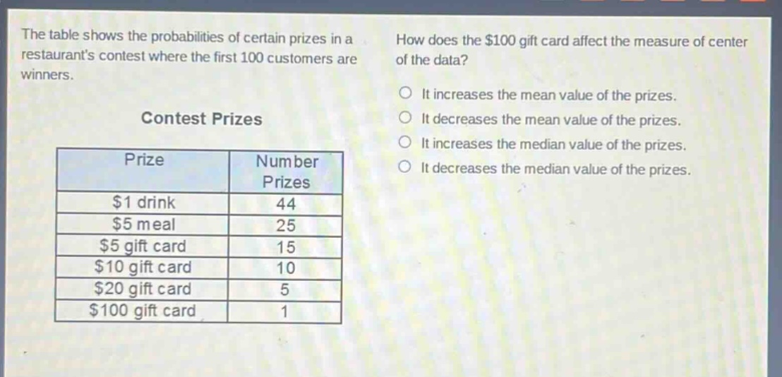 the table shows the probabilities of certain prizes in a restaurants contest where the first 100 customers are winners.\ncontest prizes\n| prize | number prizes |\n| ---- | ---- |\n| $1 drink | 44 |\n| $5 meal | 25 |\n| $5 gift card | 15 |\n| $10 gift card | 10 |\n| $20 gift card | 5 |\n| $100 gift card | 1 |\nhow does the $100 gift card affect the measure of center of the data?\n○ it increases the mean value of the prizes.\n○ it decreases the mean value of the prizes.\n○ it increases the median value of the prizes.\n○ it decreases the median value of the prizes.