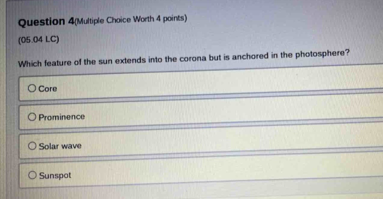 question 4(multiple choice worth 4 points)\n(05.04 lc)\nwhich feature of the sun extends into the corona but is anchored in the photosphere?\ncore\nprominence\nsolar wave\nsunspot