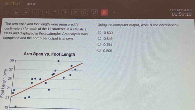 the arm span and foot length were measured (in centimeters) for each of the 19 students in a statistics class and displayed in the scatter - plot. an analysis was completed and the computer output is shown. using the computer output, what is the correlation? 0.630 0.649 0.794 0.806 arm span vs. foot length