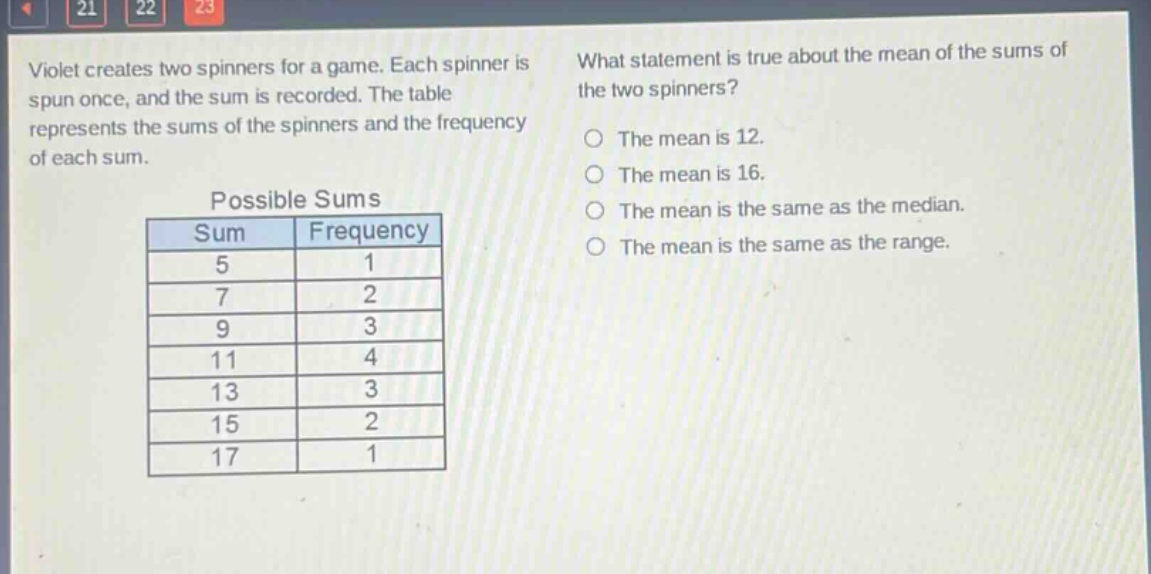 violet creates two spinners for a game. each spinner is spun once, and the sum is recorded. the table represents the sums of the spinners and the frequency of each sum.\n\npossible sums\n|sum|frequency|\n|----|----|\n|5|1|\n|7|2|\n|9|3|\n|11|4|\n|13|3|\n|15|2|\n|17|1|\n\nwhat statement is true about the mean of the sums of the two spinners?\no the mean is 12.\no the mean is 16.\no the mean is the same as the median.\no the mean is the same as the range.