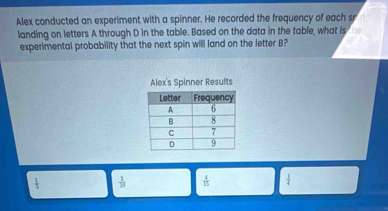 alex conducted an experiment with a spinner. he recorded the frequency of each spin landing on letters a through d in the table. based on the data in the table, what is the experimental probability that the next spin will land on the letter b?\n\nalexs spinner results\n| letter | frequency |\n| ---- | ---- |\n| a | 6 |\n| b | 8 |\n| c | 7 |\n| d | 9 |
