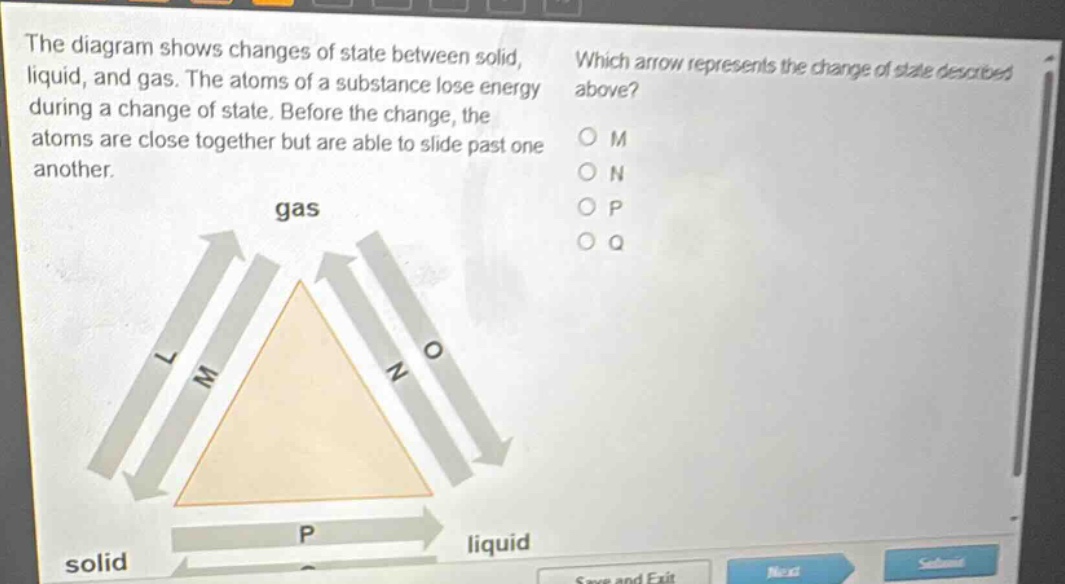 the diagram shows changes of state between solid, liquid, and gas. the atoms of a substance lose energy during a change of state. before the change, the atoms are close together but are able to slide past one another. which arrow represents the change of state described above? m n p q gas l m n o solid p liquid