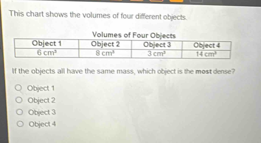 this chart shows the volumes of four different objects. volumes of four objects object 1 object 2 object 3 object 4 6 cm³ 8 cm³ 3 cm³ 14 cm³ if the objects all have the same mass, which object is the most dense? object 1 object 2 object 3 object 4