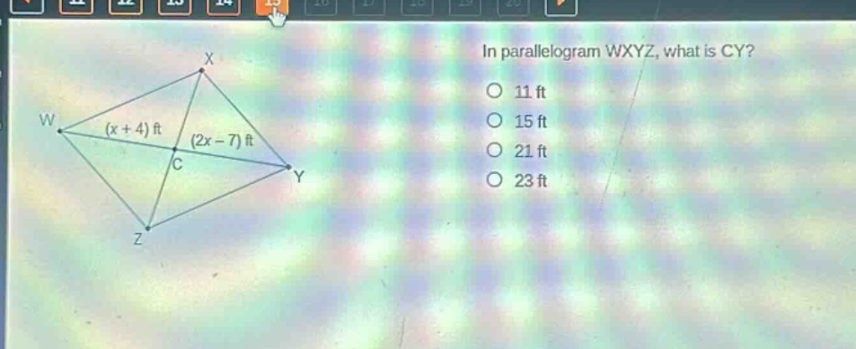 in parallelogram wxyz, what is cy?\n11 ft\n15 ft\n21 ft\n23 ft