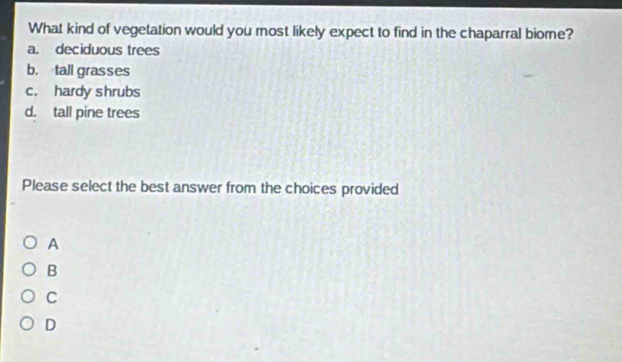 what kind of vegetation would you most likely expect to find in the chaparral biome?\na. deciduous trees\nb. tall grasses\nc. hardy shrubs\nd. tall pine trees\nplease select the best answer from the choices provided\no a\no b\no c\no d