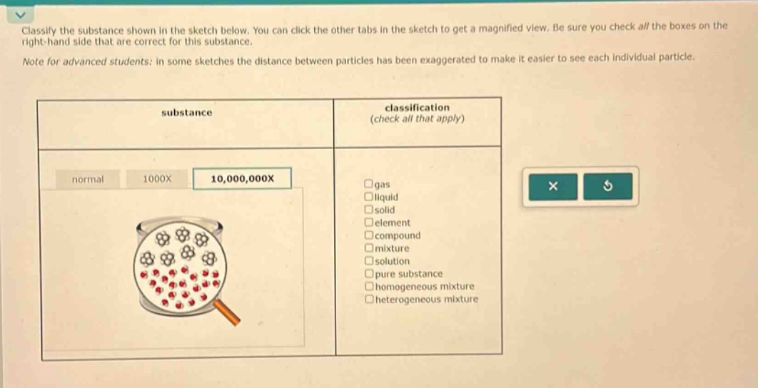 classify the substance shown in the sketch below. you can click the other tabs in the sketch to get a magnified view. be sure you check all the boxes on the right - hand side that are correct for this substance.\nnote for advanced students: in some sketches the distance between particles has been exaggerated to make it easier to see each individual particle.\n\n| substance | classification (check all that apply) |\n| ---- | ---- |\n| normal 1000x 10,000,000x | gas\nliquid\nsolid\nelement\ncompound\nmixture\nsolution\npure substance\nhomogeneous mixture\nheterogeneous mixture |