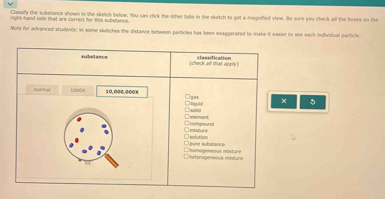 classify the substance shown in the sketch below. you can click the other tabs in the sketch to get a magnified view. be sure you check all the boxes on the right - hand side that are correct for this substance. note for advanced students: in some sketches the distance between particles has been exaggerated to make it easier to see each individual particle. substance classification (check all that apply) normal 1000x 10,000,000x gas liquid solid element compound mixture solution pure substance homogeneous mixture heterogeneous mixture