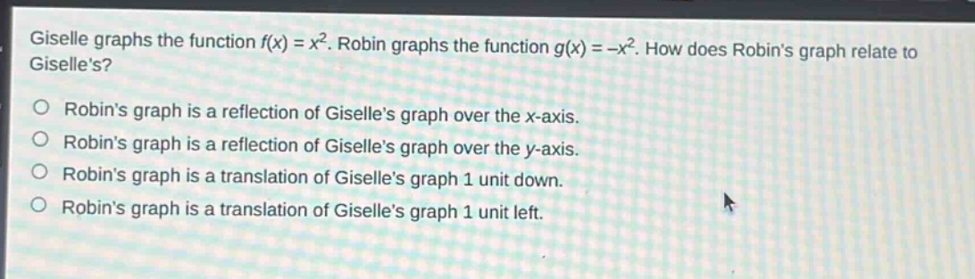 giselle graphs the function $f(x)=x^{2}$. robin graphs the function $g(x)=-x^{2}$. how does robins graph relate to giselles?\nrobins graph is a reflection of giselles graph over the x - axis.\nrobins graph is a reflection of giselles graph over the y - axis.\nrobins graph is a translation of giselles graph 1 unit down.\nrobins graph is a translation of giselles graph 1 unit left.