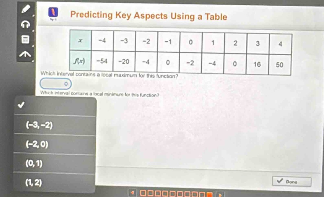 predicting key aspects using a table\nwhich interval contains a local maximum for this function?\nwhich interval contains a local minimum for this function?\n(-3, -2)\n(-2, 0)\n(0, 1)\n(1, 2)