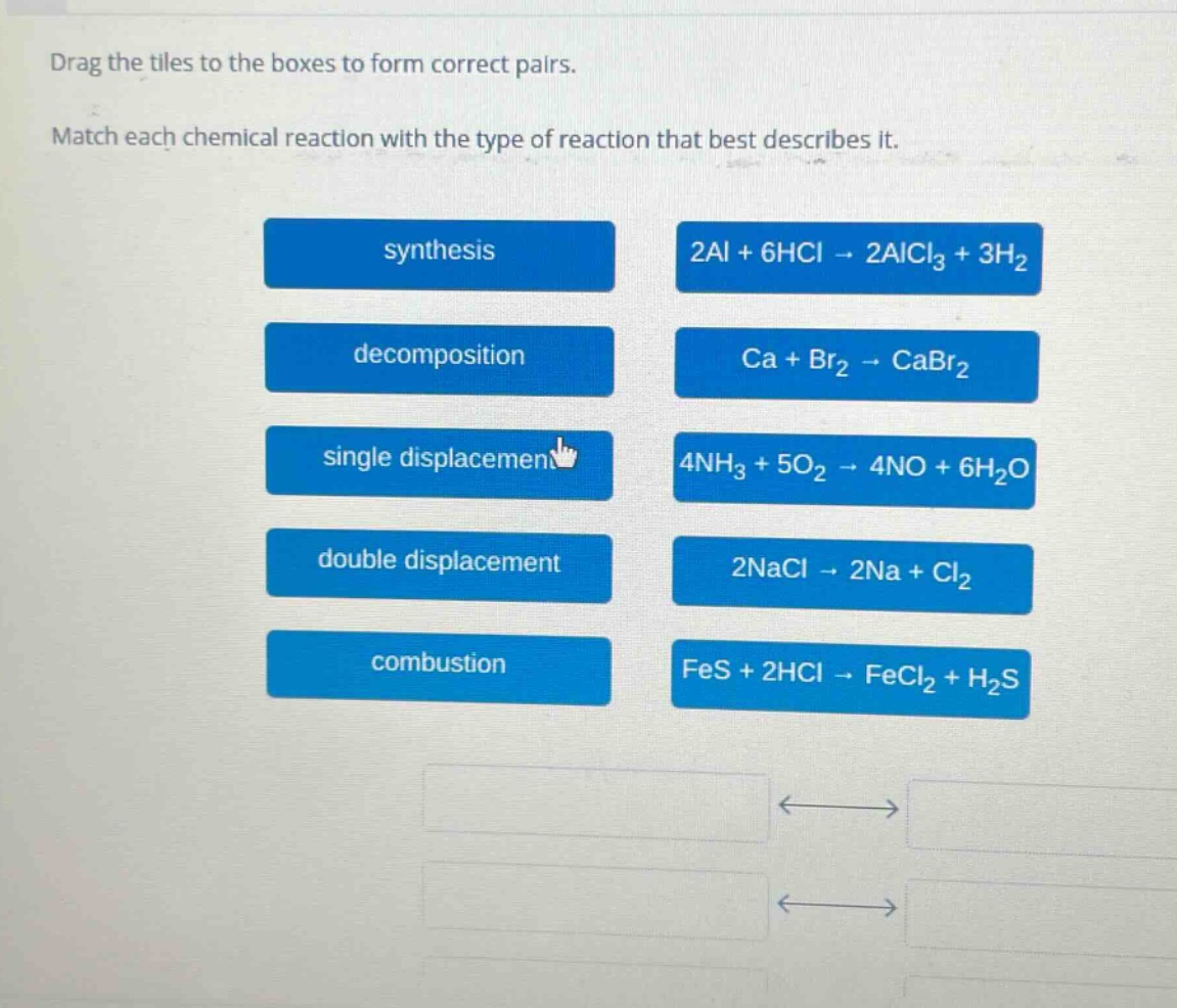 drag the tiles to the boxes to form correct pairs. match each chemical reaction with the type of reaction that best describes it. synthesis 2al + 6hcl → 2alcl₃ + 3h₂ decomposition ca + br₂ → cabr₂ single displacement 4nh₃ + 5o₂ → 4no + 6h₂o double displacement 2nacl → 2na + cl₂ combustion fes + 2hcl → fecl₂ + h₂s