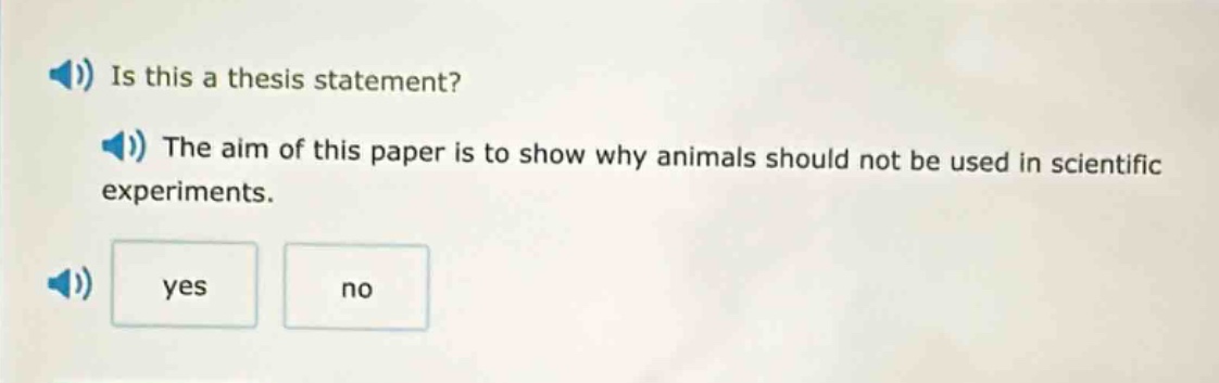 is this a thesis statement? the aim of this paper is to show why animals should not be used in scientific experiments. yes no