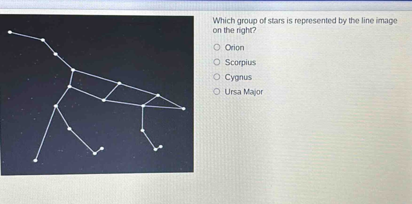 which group of stars is represented by the line image on the right?\n○ orion\n○ scorpius\n○ cygnus\n○ ursa major