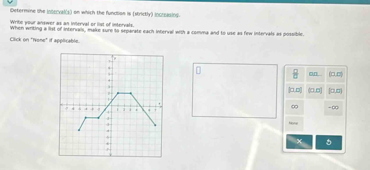 determine the interval(s) on which the function is (strictly) increasing. write your answer as an interval or list of intervals. when writing a list of intervals, make sure to separate each interval with a comma and to use as few intervals as possible. click on “none” if applicable.