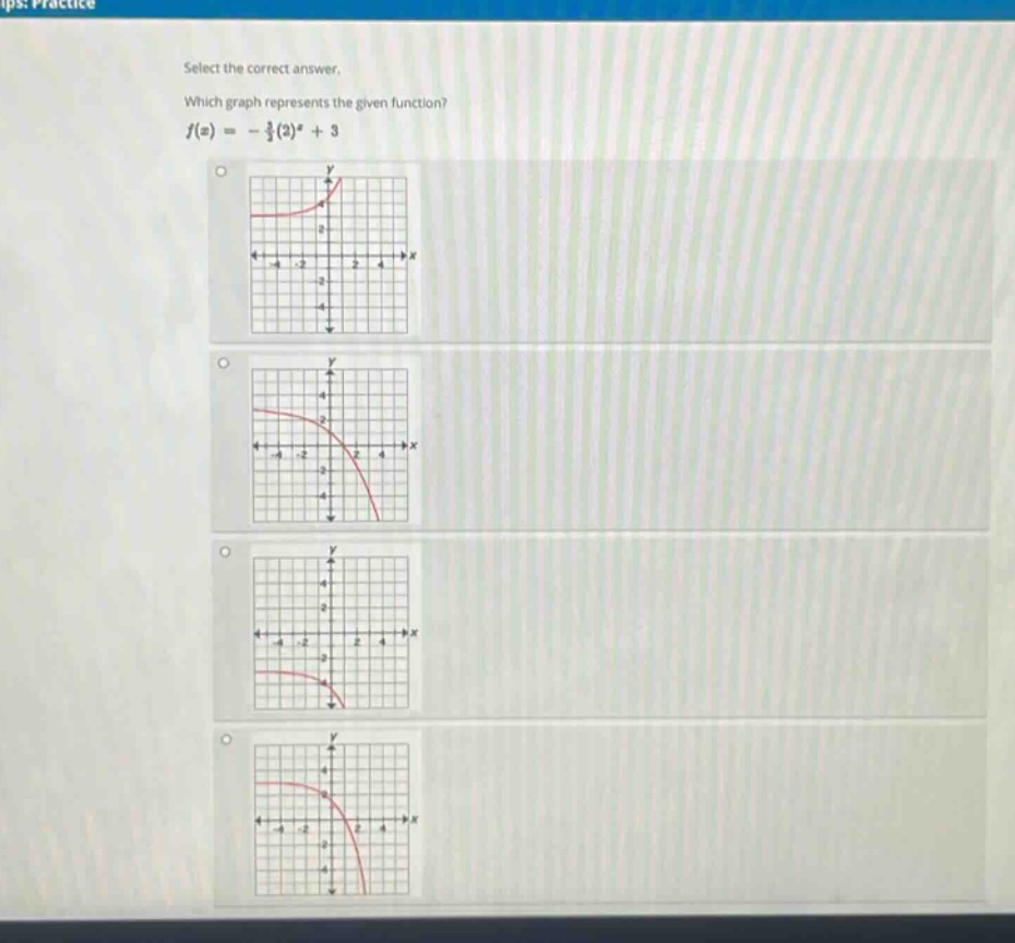 select the correct answer. which graph represents the given function? $f(x)=-\frac{3}{2}(2)^{x}+3$