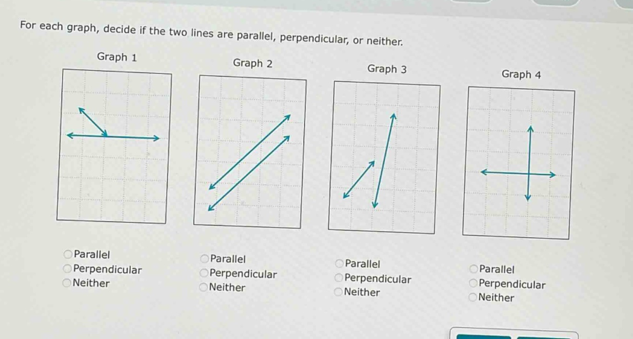 for each graph, decide if the two lines are parallel, perpendicular, or neither.\ngraph 1\ngraph 2\ngraph 3\ngraph 4\nparallel\nparallel\nparallel\nparallel\nperpendicular\nperpendicular\nperpendicular\nperpendicular\nneither\nneither\nneither\nneither