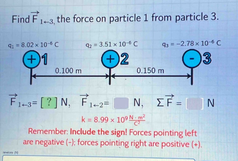 find $vec{f}_{1leftarrow3}$, the force on particle 1 from particle 3.\n$q_1 = 8.02\times10^{-6} c$\n$q_2 = 3.51\times10^{-6} c$\n$q_3=-2.78\times10^{-6} c$\n$vec{f}_{1leftarrow3}=? n, vec{f}_{1leftarrow2}= n, sumvec{f}= n$\n$k = 8.99\times10^{9}\frac{ncdot m^{2}}{c^{2}}$\nremember: include the sign! forces pointing left are negative (-); forces pointing right are positive (+).