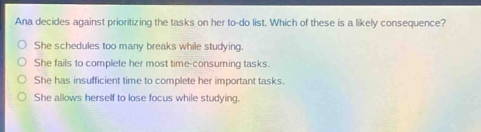 ana decides against prioritizing the tasks on her to - do list. which of these is a likely consequence?\no she schedules too many breaks while studying.\no she fails to complete her most time - consuming tasks.\no she has insufficient time to complete her important tasks.\no she allows herself to lose focus while studying.