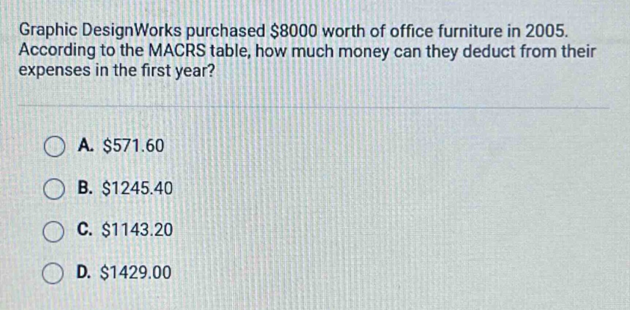 graphic designworks purchased $8000 worth of office furniture in 2005. according to the macrs table, how much money can they deduct from their expenses in the first year?\n\na. $571.60\nb. $1245.40\nc. $1143.20\nd. $1429.00