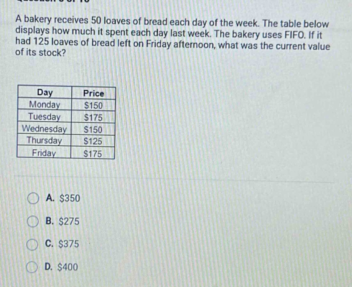 a bakery receives 50 loaves of bread each day of the week. the table below displays how much it spent each day last week. the bakery uses fifo. if it had 125 loaves of bread left on friday afternoon, what was the current value of its stock?\n\n| day | price |\n| ---- | ---- |\n| monday | $150 |\n| tuesday | $175 |\n| wednesday | $150 |\n| thursday | $125 |\n| friday | $175 |\n\na. $350\nb. $275\nc. $375\nd. $400
