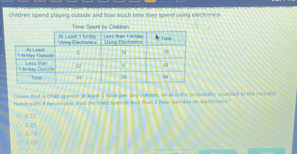 the relative - frequency table shows the results of a survey in which parents were asked how much time their children spend playing outside and how much time they spend using electronics.\ntime spent by children\n| |at least 1 hr/day using electronics|less than 1 hr/day using electronics|total|\n|--|--|--|--|\n|at least 1 hr/day outside|2|14|16|\n|less than 1 hr/day outside|42|6|48|\n|total|44|20|64|\ngiven that a child spends at least 1 hour per day outside, what is the probability, rounded to the nearest hundredth if necessary, that the child spends less than 1 hour per day on electronics?\n0.22\n0.25\n0.70\n0.88