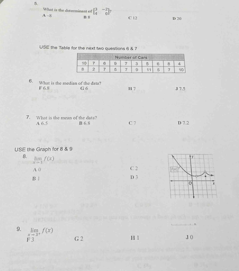 5. what is the determinant of $\begin{bmatrix}3&-2\\4&0end{bmatrix}$?\na -8 b 8 c 12 d 20\nuse the table for the next two questions 6 & 7\n|number of cars|\n|10|7|6|9|7|3|5|6|8|4|\n|8|2|7|5|7|9|11|5|7|10|\n6. what is the median of the data?\nf 6.8 g 6 h 7 j 7.5\n7. what is the mean of the data?\na 6.5 b 6.8 c 7 d 7.2\nuse the graph for 8 & 9\n8. $lim_{x\rightarrow2}f(x)$\na 0 b 1 c 2 d 3\n9. $lim_{x\rightarrow3^{+}}f(x)$\nf 3 g 2 h 1 j 0