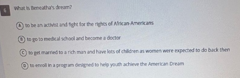 6 what is beneathas dream?\na to be an activist and fight for the rights of african - americans\nb to go to medical school and become a doctor\nc to get married to a rich man and have lots of children as women were expected to do back then\nd to enroll in a program designed to help youth achieve the american dream