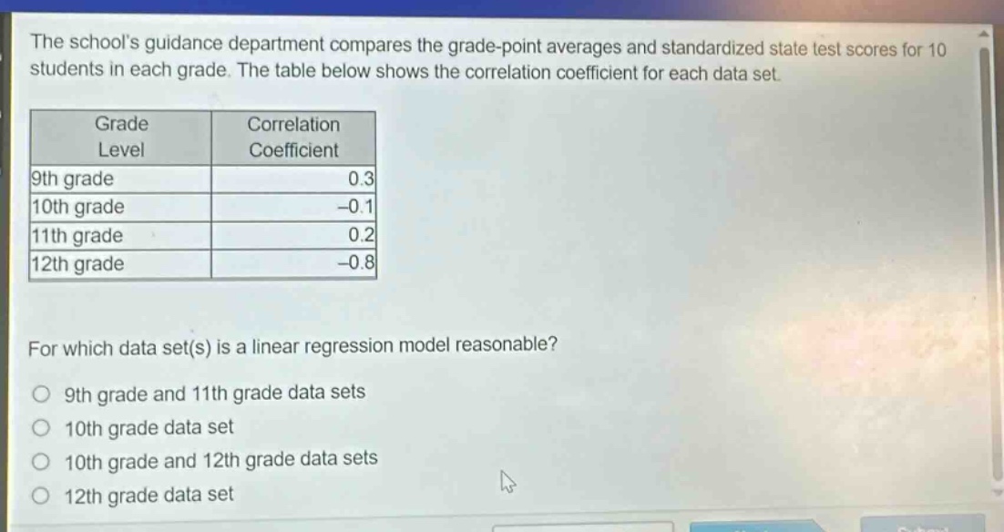 the schools guidance department compares the grade - point averages and standardized state test scores for 10 students in each grade. the table below shows the correlation coefficient for each data set.\n| grade level | correlation coefficient |\n| ---- | ---- |\n| 9th grade | 0.3 |\n| 10th grade | -0.1 |\n| 11th grade | 0.2 |\n| 12th grade | -0.8 |\n\nfor which data set(s) is a linear regression model reasonable?\no 9th grade and 11th grade data sets\no 10th grade data set\no 10th grade and 12th grade data sets\no 12th grade data set
