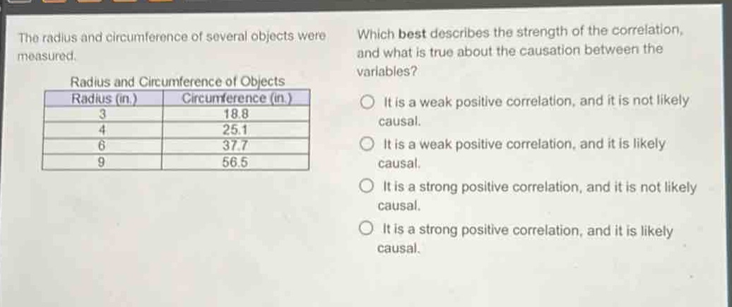 the radius and circumference of several objects were measured.\nradius and circumference of objects\nradius (in.) circumference (in.)\n3 18.8\n4 25.1\n6 37.7\n9 56.5\nwhich best describes the strength of the correlation, and what is true about the causation between the variables?\nit is a weak positive correlation, and it is not likely causal.\nit is a weak positive correlation, and it is likely causal.\nit is a strong positive correlation, and it is not likely causal.\nit is a strong positive correlation, and it is likely causal.