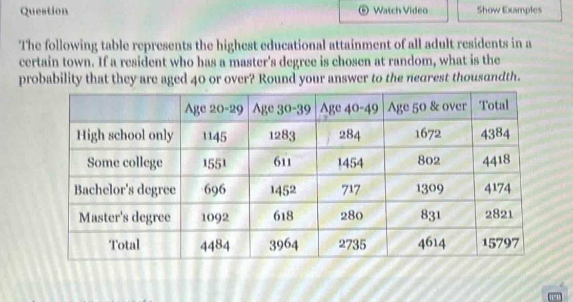 the following table represents the highest educational attainment of all adult residents in a certain town. if a resident who has a masters degree is chosen at random, what is the probability that they are aged 40 or over? round your answer to the nearest thousandth.\n| | age 20 - 29 | age 30 - 39 | age 40 - 49 | age 50 & over | total |\n|--|--|--|--|--|--|\n| high school only | 1145 | 1283 | 284 | 1672 | 4384 |\n| some college | 1551 | 611 | 1454 | 802 | 4418 |\n| bachelors degree | 696 | 1452 | 717 | 1309 | 4174 |\n| masters degree | 1092 | 618 | 280 | 831 | 2821 |\n| total | 4484 | 3964 | 2735 | 4614 | 15797 |