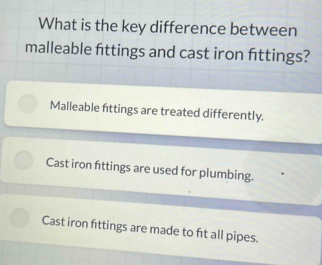 what is the key difference between malleable fittings and cast iron fittings?\nmalleable fittings are treated differently.\ncast iron fittings are used for plumbing.\ncast iron fittings are made to fit all pipes.