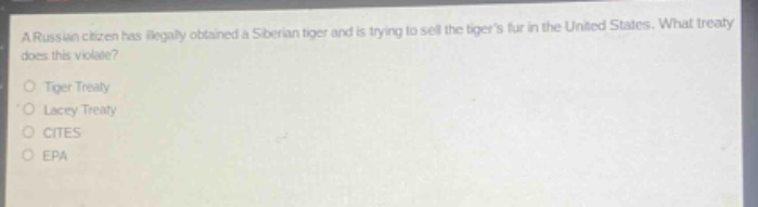 a russian citizen has illegally obtained a siberian tiger and is trying to sell the tigers fur in the united states. what treaty does this violate?\n○ tiger treaty\n○ lacey treaty\n○ cites\n○ epa
