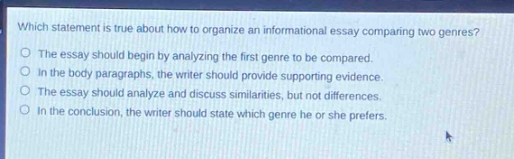 which statement is true about how to organize an informational essay comparing two genres?\no the essay should begin by analyzing the first genre to be compared.\no in the body paragraphs, the writer should provide supporting evidence.\no the essay should analyze and discuss similarities, but not differences.\no in the conclusion, the writer should state which genre he or she prefers.