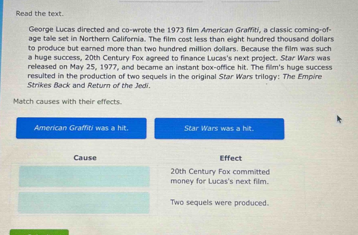 read the text.\ngeorge lucas directed and co - wrote the 1973 film american graffiti, a classic coming - of - age tale set in northern california. the film cost less than eight hundred thousand dollars to produce but earned more than two hundred million dollars. because the film was such a huge success, 20th century fox agreed to finance lucass next project. star wars was released on may 25, 1977, and became an instant box - office hit. the films huge success resulted in the production of two sequels in the original star wars trilogy: the empire strikes back and return of the jedi.\nmatch causes with their effects.\namerican graffiti was a hit. star wars was a hit.\ncause effect\n20th century fox committed money for lucass next film.\ntwo sequels were produced.