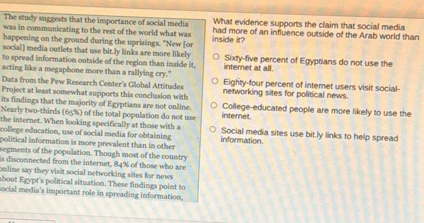 the study suggests that the importance of social media was in communicating to the rest of the world what was happening on the ground during the uprisings. \new or social media outlets that use bit.ly links are more likely to spread information outside of the region than inside it, acting like a megaphone more than a rallying cry.\ data from the pew research centers global attitudes project at least somewhat supports this conclusion with its findings that the majority of egyptians are not online. nearly two - thirds (65%) of the total population do not use the internet. when looking specifically at those with a college education, use of social media for obtaining political information is more prevalent than in other segments of the population. though most of the country is disconnected from the internet, 84% of those who are online say they visit social networking sites for news about egypts political situation. these findings point to social medias important role in spreading information. what evidence supports the claim that social media had more of an influence outside of the arab world than inside it? sixty - five percent of egyptians do not use the internet at all. eighty - four percent of internet users visit social - networking sites for political news. college - educated people are more likely to use the internet. social media sites use bit.ly links to help spread information.