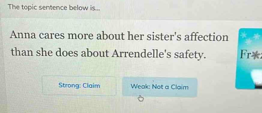the topic sentence below is... anna cares more about her sisters affection than she does about arendelles safety. strong: claim weak: not a claim