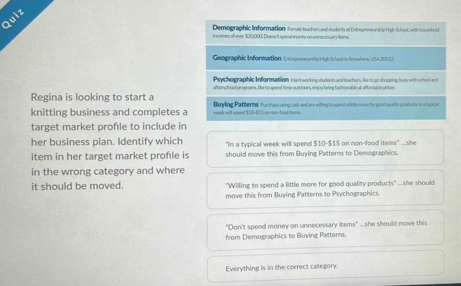 quiz\nregina is looking to start a knitting business and completes a target market profile to include in her business plan. identify which item in her target market profile is in the wrong category and where it should be moved.\ndemographic information female teachers and students at entrepreneurship high school, with household incomes of over $20,000. doesnt spend money on unnecessary items.\ngeographic information entrepreneurship high school in anywhere, usa 20012\npsychographic information hard - working students and teachers, like to go shopping, busy with school and after - school programs, like to spend time outdoors, enjoy being fashionable at affordable prices\nbuying patterns purchase using cash and are willing to spend a little more for good quality products. in a typical week will spend $10 - $15 on non - food items.\n\in a typical week will spend $10 - $15 on non - food items\...she should move this from buying patterns to demographics.\n\willing to spend a little more for good quality products\...she should move this from buying patterns to psychographics.\n\dont spend money on unnecessary items\...she should move this from demographics to buying patterns.\neverything is in the correct category.