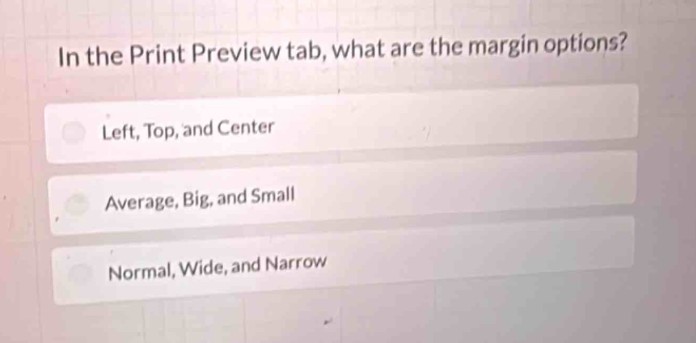 in the print preview tab, what are the margin options?\nleft, top, and center\naverage, big, and small\nnormal, wide, and narrow