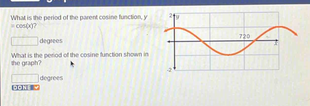 what is the period of the parent cosine function, y = cos(x)?\ndegrees\nwhat is the period of the cosine function shown in the graph?\ndegrees\ndone