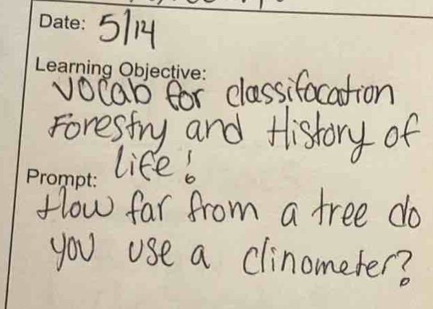 date: 5/14\nlearning objective: vocab for classification forestry and history of life.\nprompt: how far from a tree do you use a clinometer?