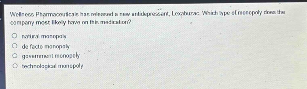 wellness pharmaceuticals has released a new antidepressant, lexabuzac. which type of monopoly does the company most likely have on this medication?\no natural monopoly\no de facto monopoly\no government monopoly\no technological monopoly