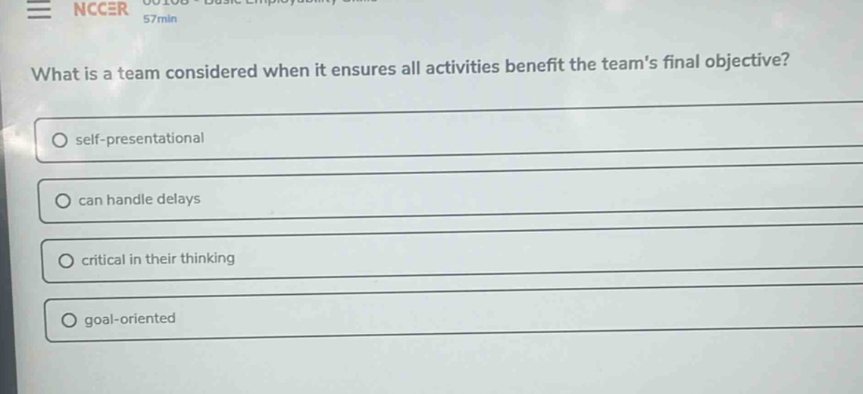 what is a team considered when it ensures all activities benefit the teams final objective?\nself - presentational\ncan handle delays\ncritical in their thinking\ngoal - oriented
