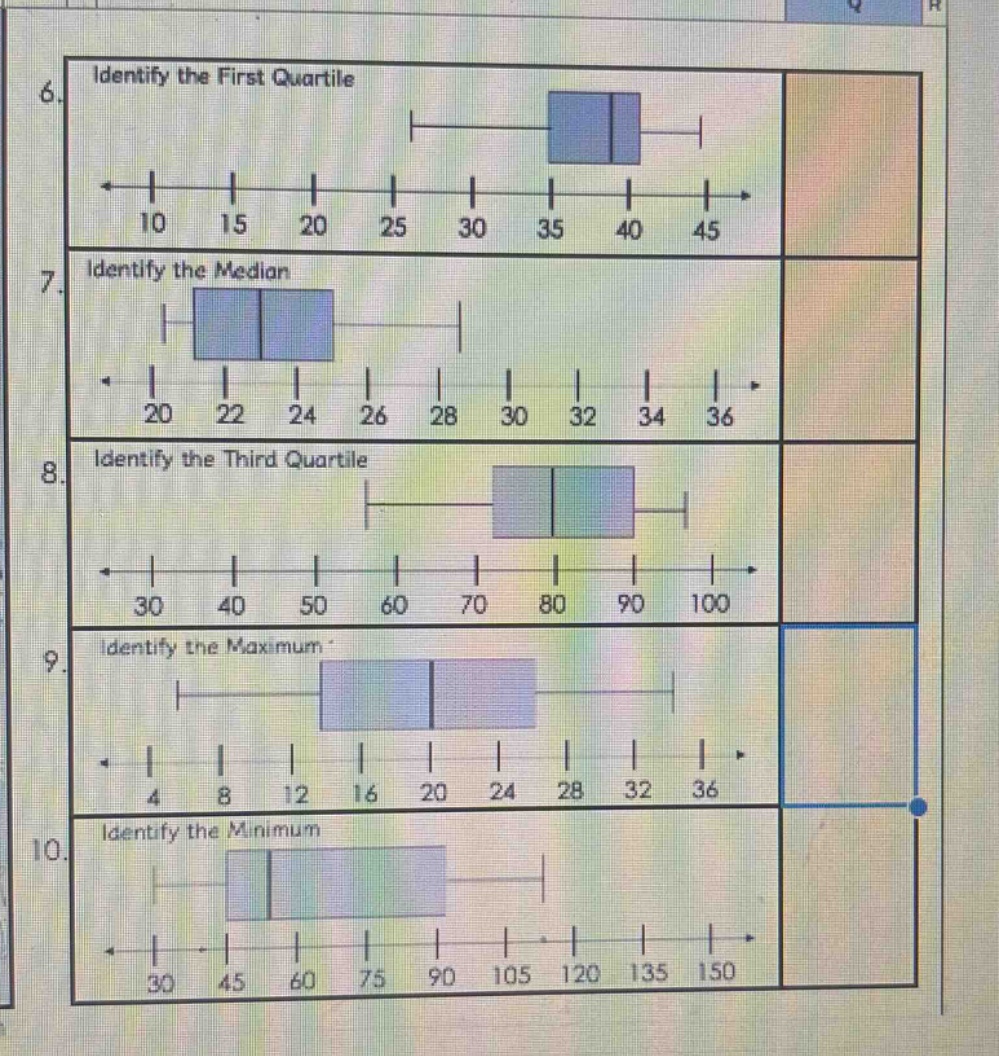 6. identify the first quartile\n7. identify the median\n8. identify the third quartile\n9. identify the maximum\n10. identify the minimum
