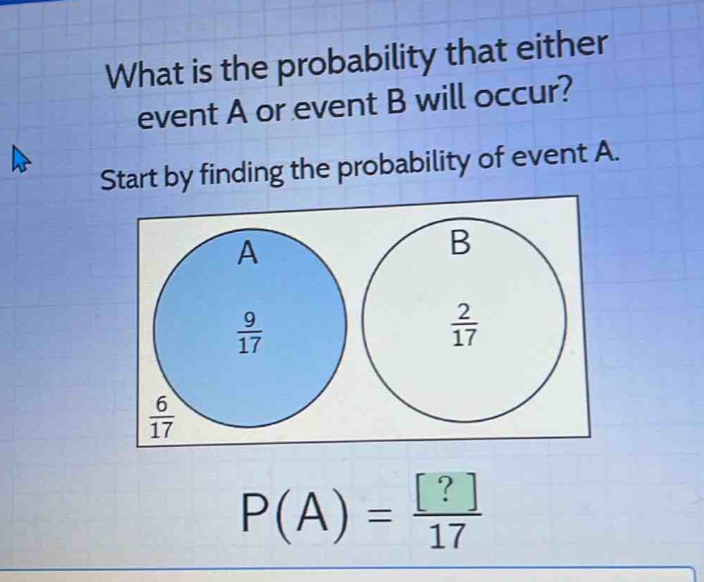 what is the probability that either event a or event b will occur? start by finding the probability of event a. p(a) = \frac{?}{17}