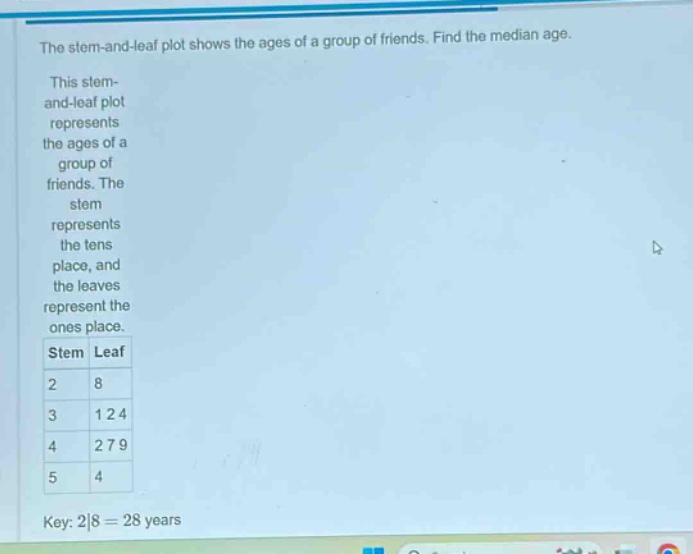 the stem - and - leaf plot shows the ages of a group of friends. find the median age. this stem - and - leaf plot represents the ages of a group of friends. the stem represents the tens place, and the leaves represent the ones place. stem leaf 2 8 3 1 2 4 4 2 7 9 5 4 key: 2|8 = 28 years